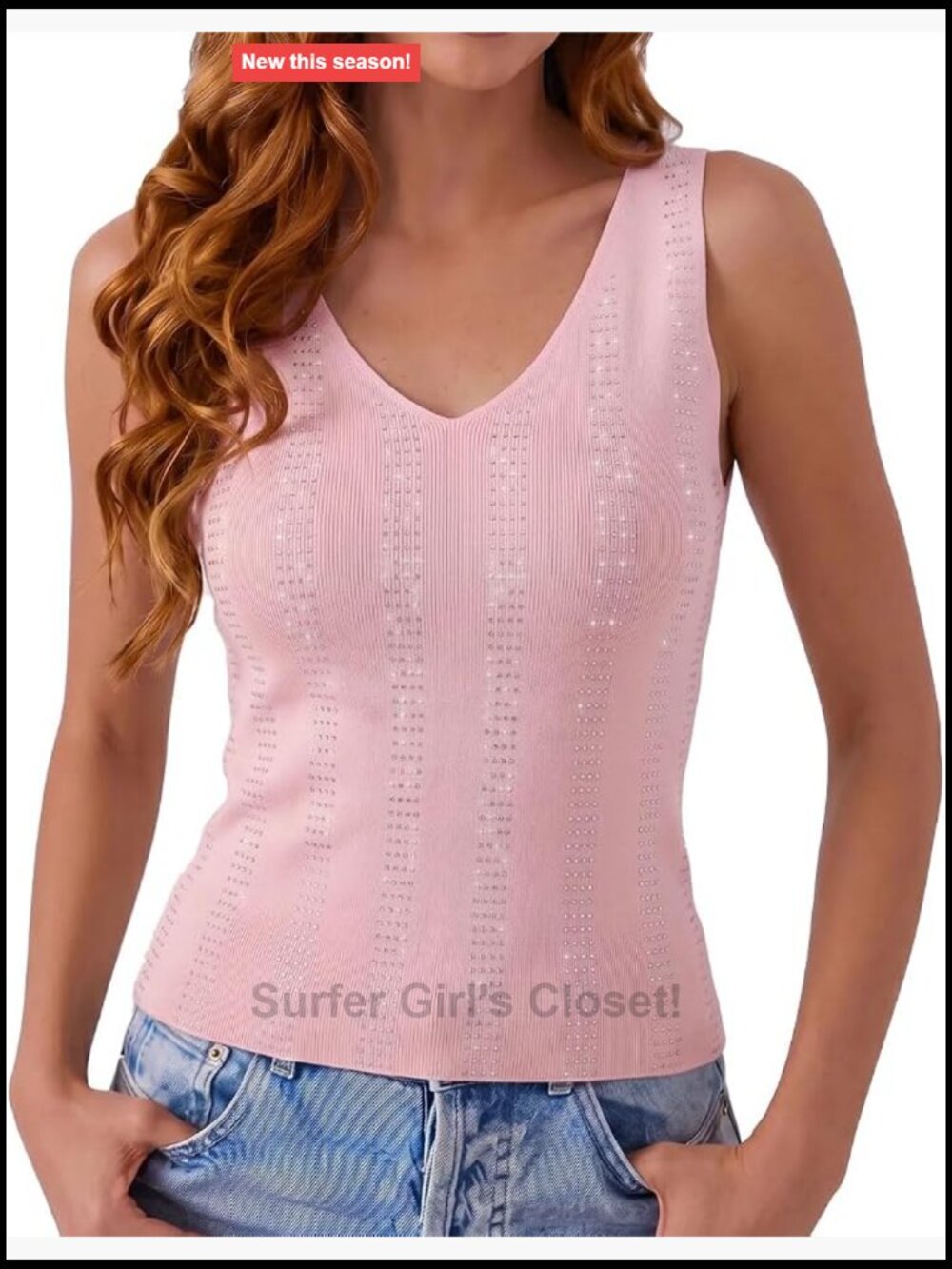 Sleeveless V-Neck Rhinestone Knit Tank Top